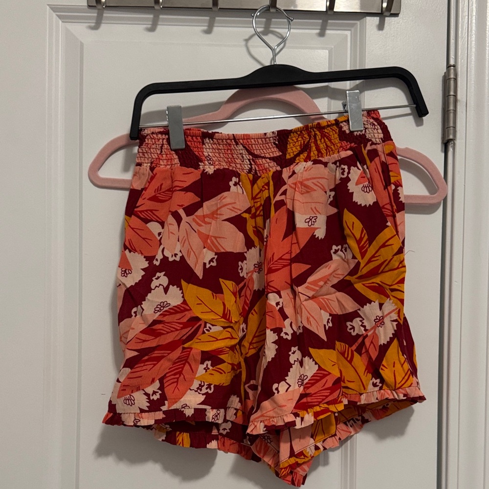 LOFT High Waist Tropical Print Shorts - Red and Orange